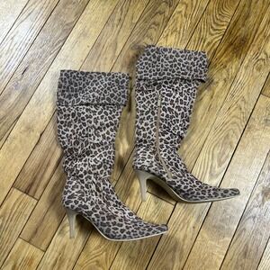 Vintage Sparkle Leopard Print Knee High Slouch Boots Stiletto‎ Heel Side Zip 8.5